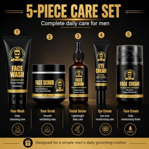 5PCS Men's Skin Care Sets & Kits, Daily Skincare Gift Set with Cream, Cleanser, Scrub, Eye Cream & Facial Serum, Moisturiser Routine Grooming Kit for Day & Night Care for Him at Home Travel — view 6