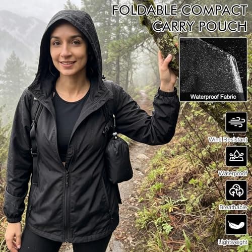 Fjquamitix Women's Jackets Lightweight Waterproof Jacket With Hooded Packable Waterproof Raincoat Women Rain Coat Ladies Summer Jackets For Hiking Travel (UK, Alpha, L, Regular, Regular, Black) — view 5