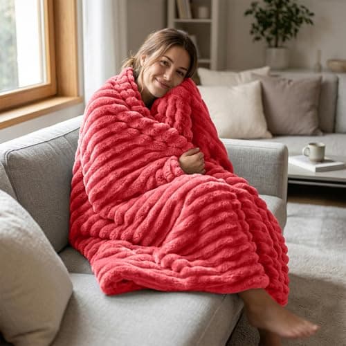 Casabella Throw Blanket - Ribbed Fleece Blanket - Soft Fluffy, Warm & Cosy Sofa Throw - Large Fleece Blanket for Sofa Bed, Couch, Bedding - King Size 200x240 - Red — view 3