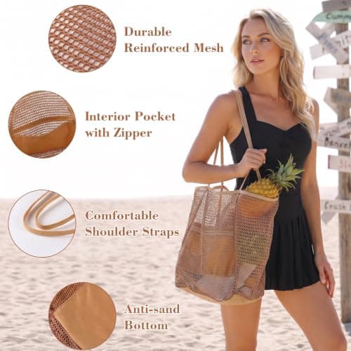 Jenck Foldable Mesh Beach Bag, Large 30L Waterproof Summer Tote Bag with Zipper, Beach Bags for Women with Multiple Pockets, Holiday Essentials Handbag for Summer Holiday Travel Shopping, Brown — view 3
