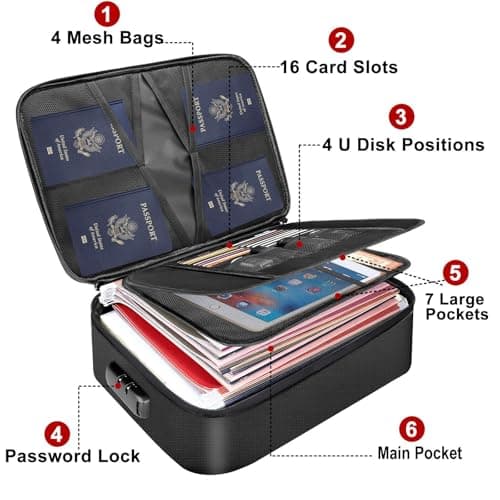 Fireproof Document Box, Waterproof File Organiser Box, Safe Portable Home Fire Lockable Storage Boxes, Collapsible Travel Document Holder, File Storage Boxs with Inserts Bags and Zipper (Grey) — view 2