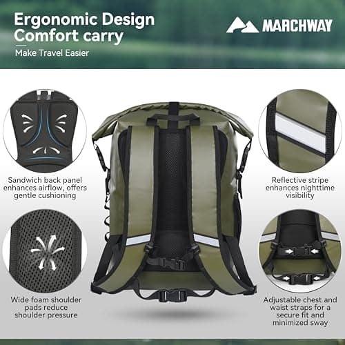MARCHWAY Roll Top Waterproof Backpack, Floating Dry Bag 20L/30L/45L with Ergonomic Rectangular Base, Cushioned Back, Hip Strap, Gear Loops, MOLLE for Hiking Camping Kayaking Travel (Army Green, 20L) — view 3