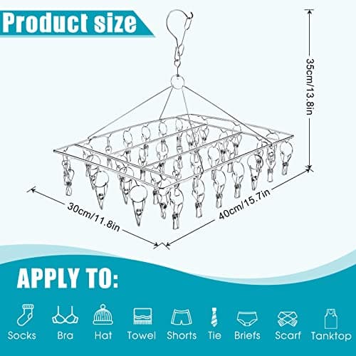 Sinnsally Folding Sock Dryer with 36 Pegs,Metal Sock Hangers with Clips,Underwear Hanger for Washing Line Accessories,Stainless Steel Clothes Sock Drying Rack,Laundry Drip Airer Hanger with Pegs — view 2