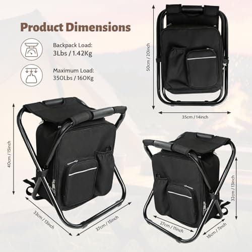 SDLDEER Foldable Camping Chair Backpack with Cooler Insulated Picnic Bag, Detachable Portable Camping Stool Hiking Seat Table Bag for Outdoor Indoor Fishing Travel Beach (Black) — view 3