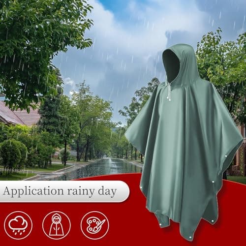 CHGANG Waterproof Poncho Adult, Reusable Rain Poncho Lightweight Waterproof Raincoat Emergency with Hood for Outdoor Hiking Camping Cycling Traveling (Green) — view 6