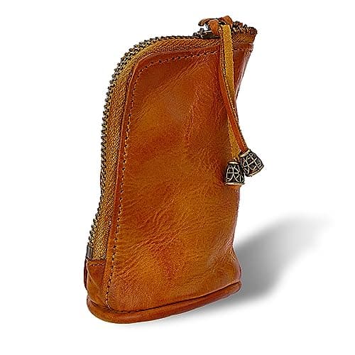 TIESOME Vintage Genuine Leather Zipper Coin Purse, Medieval Cowhide Change