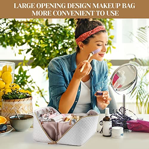 SFXULIX Large Capacity Travel Cosmetic Bag - Makeup Bag, PU Leather Waterproof Cosmetic Bag, Women Portable Travel Makeup Bag with Handle and Divider Flat Lay Makeup Organizer Bag, White — view 2