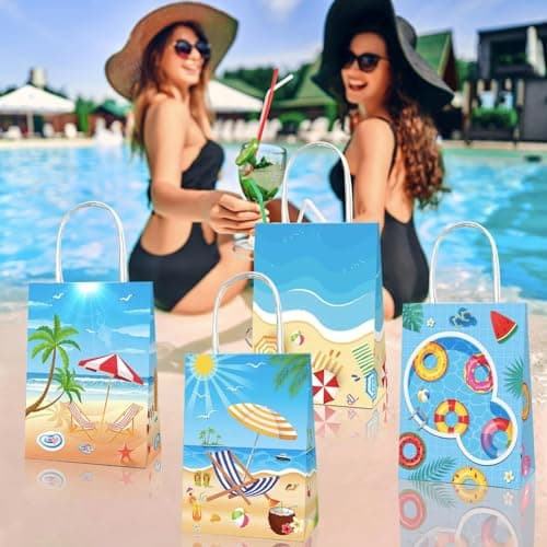 POPOYU 8Pcs Summer Swimming Pool Gift Bags,Pool Party Gift Bags,Beach Party Kraft Paper Tote Bags with Handles,Under the Sea PartyBag for PoolParty Accessories Wrapper Boxes — view 3