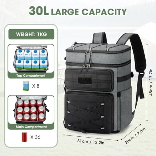 RAINSMORE Cooler Backpack 30L Insulated Cool Bag Rucksack Leakproof Large Capacity Dual Zone Thermal Picnic Backpack Waterproof for Outdoor BBQ Grey — view 3