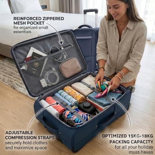 DK Luggage Ultra Lightweight Only 2.9kg Medium 24 Inch Soft Shell Suitcase, 4 Wheel Spinner, Checked Luggage, 15kg–20kg Capacity, Expandable Travel Case (WLS Navy, Medium) — view 5