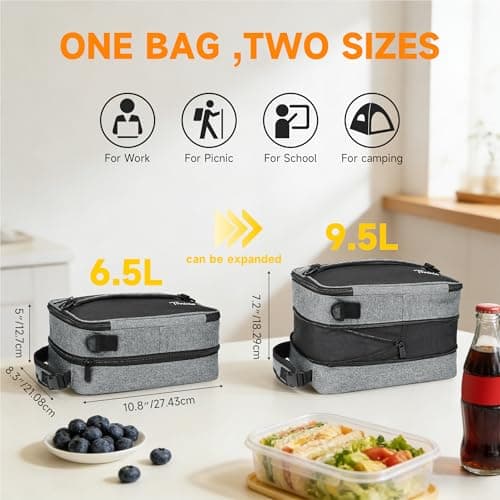 Kato Tirrinia Expandable Insulated Lunch Bag, 10L Lunch Cooler Bag with Shoulder Strap for Men and Women, Leakproof Lunch Box Bag, Suitable for Work School Travel Picnic Camping Beach, Gray — view 2