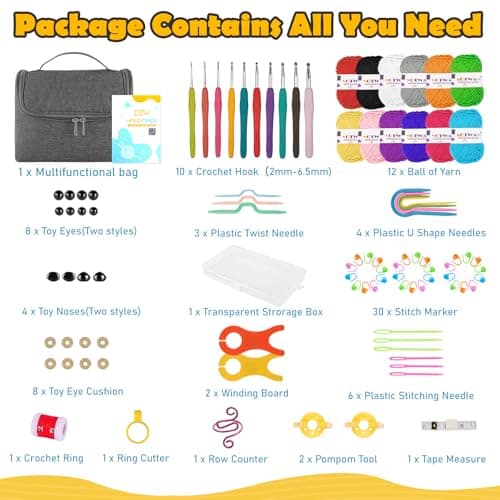AOTWAN Crochet Kits for Beginners Adults Crochet Hooks Set 12Pcsx25g Crochet Yarns Include Ergonomic Metal Crochet Hooks 2-6.5mm Knitting Kit Accessories Tools Storage Case Crochet Starter Kit-Grey — view 3