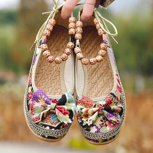 luoluoluo Womens Wedge Slip On Flats UK Sale, Bohemian Shoe Ethnic Comfy Closed Toe Platform Shoes Flower Print Sliders Bow Sandals Flat Mule Sandals Spring Summer Shoes Lightweight for Travel — view 5