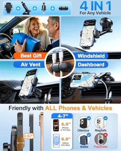 YRU [True Military-Grade & 360° Rotatable Suction 2026 Ultimate Car Phone Holder Mount【90+LBS Safest Strongest & Patent Certs】 Dashboard Windscreen Vent for iPhone 17 16 Pro Max Samsung, Pure Black — view 6