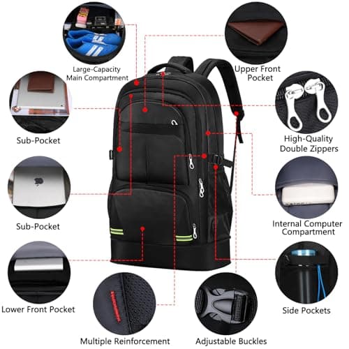 Lizbin Hiking Backpack 65L Travel Backpack Water Resistant Lightweight Rucksack for Men Women, Expandable Large Backpack Laptop Backpack Durable Camping Bag for Camping Trekking Outdoor Sports (Black) — view 4