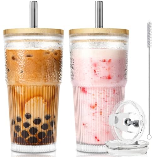 KEMORELA 2-Pack 20oz/600ml Ribbed Glass Tumblers with 2-in-1 Leak-Proof Lids & 13mm Stainless Steel Straws – Reusable Drinking Cups for Iced Coffee, Boba, Smoothies, Cold & Hot Drinks, Travel Cups