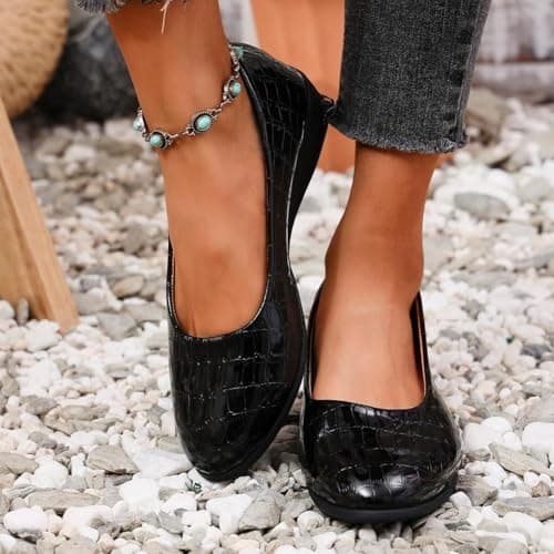 Women's Lightweight Leather Shoes, Women's Comfort Arch Support Wedge Slip-On Shoes Ladies Low Heel Work Ballerina Loafer Shoes (Black,6) — view 4