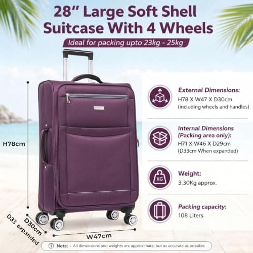 DK Luggage Ultra Lightweight Only 3.3kg Large 28 Inch Soft Shell Suitcase, 4 Wheel Spinner Checked Luggage 23kg–25kg Capacity, Expandable Travel Case (WLS Purple, Large) — view 2