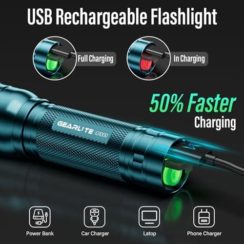 GEARLITE LED Rechargeable Torch, 2000 Lumens LED Torch, Extremely Bright with 3 Modes, Zoomable Mini Handheld Lamp with Long Running Time, Teal Blue Flashlight for Outdoor G1000-Teal — view 2