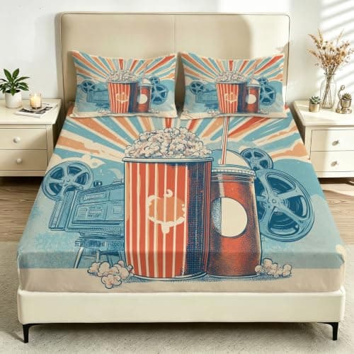 Single Fitted Sheet 90 x 190 cm, Retro Cinematic Popcorn Soda Film Projector Reel Microfiber Fitted Sheets with Deep Pocket 30cm, Soft Breathable Bed Sheets, Bed Sheet for Children Adult, Beige