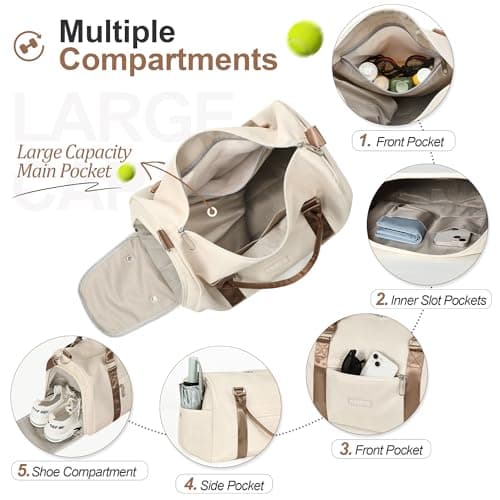 FIORETTO Womens Gym Sports Bag Travel Bag with Shoes Compartment & Wet Pocket, Weekend Overnight Duffle Hospital Bag Carry On Bag Holdall for Travel Swimming Beige & Brown — view 2
