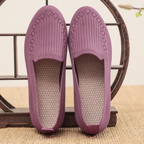 Women's Lightweight Knitted Loafers Casual Flat Shoes Orthopedic Comfortable Boat Shoes Flat Bottomed Breathable Shoes Retro Walking Flats Purple — view 5