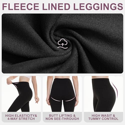 AMIYOYO Fleece Lined Leggings Women High Waisted Thermal Leggings Black — view 6