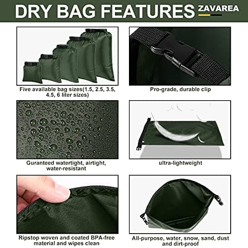 ZAVAREA Waterproof Dry Bag Set, Lightweight, 1.5L-6L Sizes, Green 5 Pack — view 2