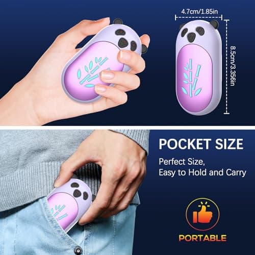 Enituo Hand Warmers Rechargeable 2 Pack, 3 Levels Heating 6000mAh Portable Electric Handwarmers, Cute Panda Pocket Heater Xmas Warm Gifts for Golf Hunting Hiking Camping Outdoor Activities - Purple — view 6