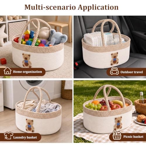 Baby Nappy Caddy Organiser, Cotton Rope Diaper Storage Basket(bear) — view 6