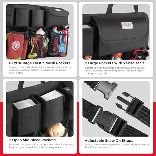 SURDOCA Car Boot Organizer, 4th Gen [8 Upgrades - XL] Super Capacity Auto Backseat Hanging Organizer, Car Boot Tidy Storage Bag with Lids, Space Saving Expert, Black — view 3