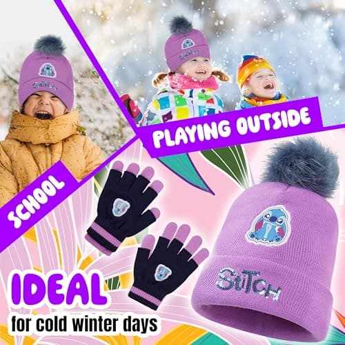 Disney Stitch Girls Beanie Scarf Teenagers Kids Gloves Winter Accessories School Travel Stitch Gifts, Choose from Sets (Purple Stitch 2 Pcs) — view 4