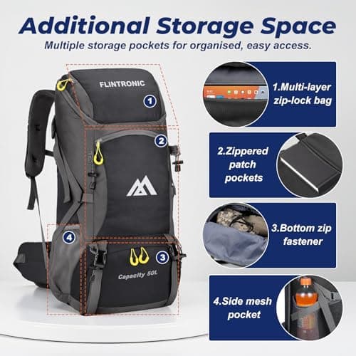 flintronic 50L Backpack, Ultra Lightweight Large Capacity Hiking Backpack, Waterproof Foldable Rucksack for Men Women Hiking Travelling Camping Outdoor Sports (Black) — view 5