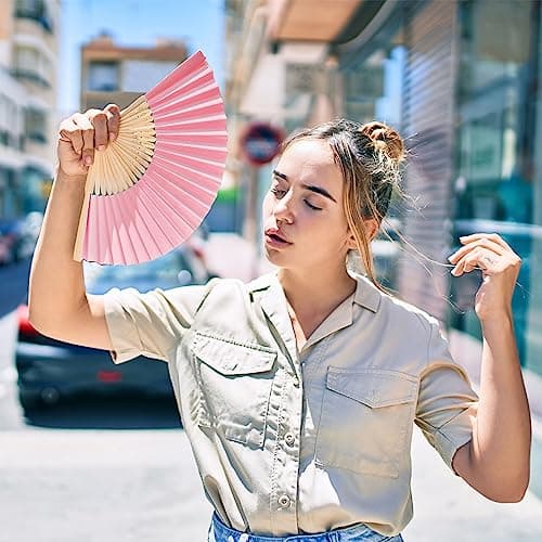 Grantop 4 Pcs Black Folding Hand Fan, Silk Fabric Bamboo Ribs Handheld Fan, Folding Chinese Fan for Wedding Christmas Party Prom Festival DIY Home Decorations (Pink) — view 6