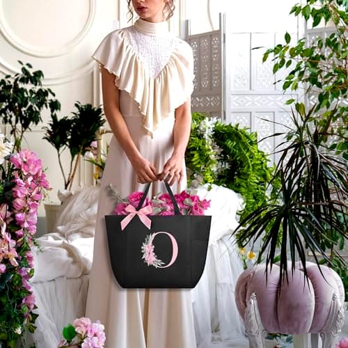 Vavabox A-Z Initial Personalized Tote Bag, Waterproof Gifts for Women, Bridesmaids, Mom, Teachers, Friends (01-Black, O) — view 2