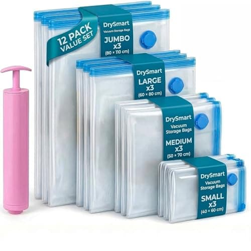 DrySmart Vacuum Storage Bags with Hand Pump, Combo Pack of 12(3 of Each Size) Compression Storage Pack with Zip Seal, Space Saver Vacuum Pack Bags for Clothes, Bedding, Blankets, Travel & Home