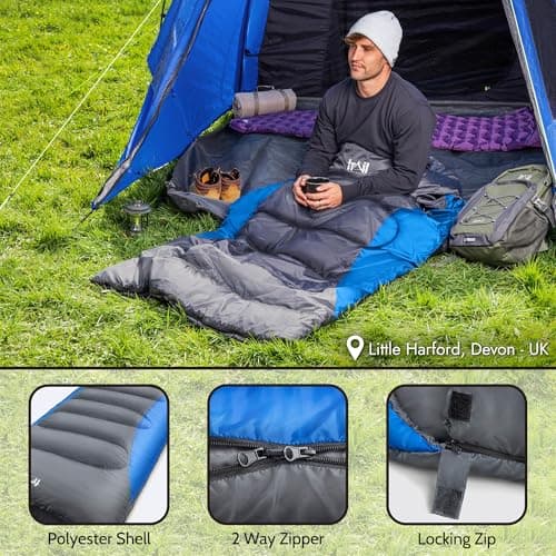 Trail Alpine 250 XL Sleeping Bag with Hood (L230cm x W100cm), Large Extra Wide Envelope Sleeping Bag, 2 to 3 Season Camping, Lightweight, Water Resistant, Soft Polycotton Liner, Compression Bag (Blue) — view 5