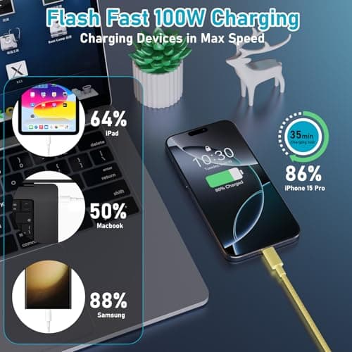 USB C to USB C Cable, 1M 100W Nylon Braided Charger for iPhone 16/16 Plus/16 Pro Max/15/15 Plus/15 Pro Max, MacBook Pro, iPad Pro Air, Samsung S24/S24 Ultra/S23 USBC-Yellow — view 5