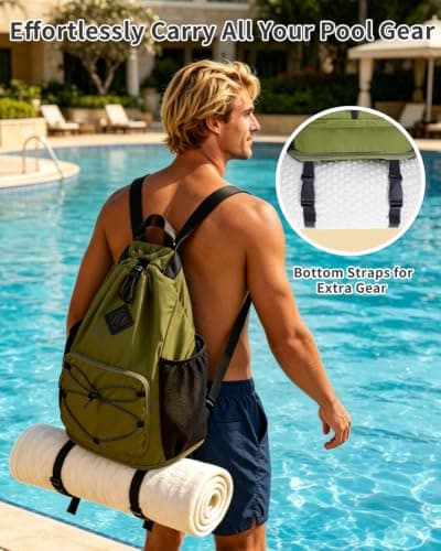 WANDF Drawstring Gym Bag Swim Bag with Removable Wet Pocket, Sandproof Beach Backpack with Compression Strap for Mat for Pool, Travel, Workout Gear (Green) — view 3