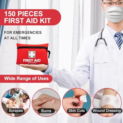 General Medi 150 Pieces Small First Aid Kit - Includes Emergency Foil Blanket, Scissors for Travel, Home, Office, Vehicle, Camping, Workplace & Outdoor (Red) — view 5
