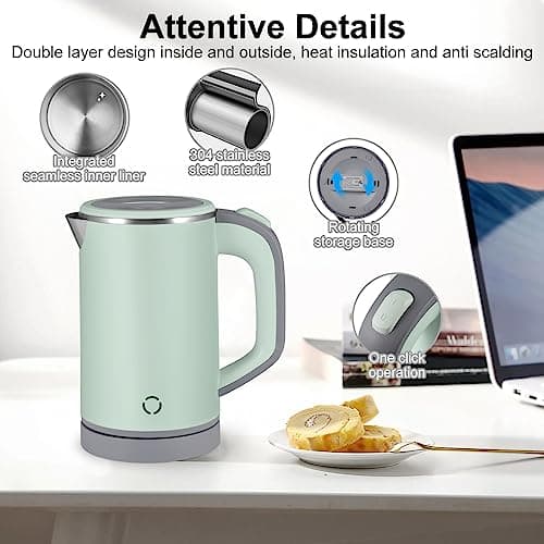 Jalann Travel Kettle, Low Wattage Kettle, 800ml Electric Travel Kettles Small, Fast Boiling, Portable Mini Cordless Camping Kettles Stainless Steel for Caravan, Motorhome, Bedroom, Office (Green) — view 5