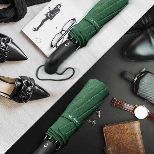 Umbrella Windproof Compact - Strong Storm Proof Frame + Auto Open Close | Women Mens Lightweight Small Travel Folding Golf Brolly + Double Canopy, Ergonomic Handle | Water Resistant Teflon Green — view 6