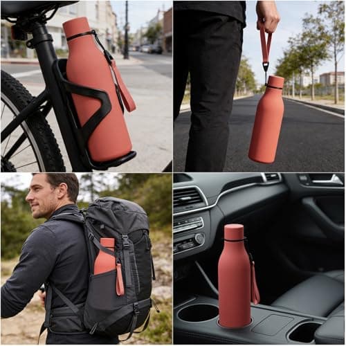 Water Bottle with Strap 550ml, Stainless Steel Water Bottle, Double Wall Insulated Flask Bottle Keeps 24H Cold/12H Hot, Leakproof Metal Drinks Bottle, BPA-Free for Travel, Gym, Hiking (Red) — view 6