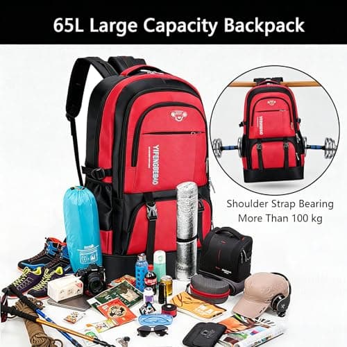 Wesoke 65L Hiking Backpack Expandable Travel Hiking Daypacks, Large Camping Backpack for Men Women, Foldable Lightweight Outdoor Sport Backpacking Backpack for Climbing Touringr, Red — view 4