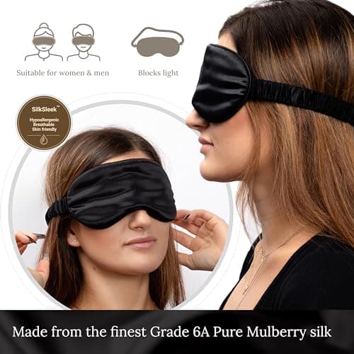 SILKSLEEK Eye Mask for Sleeping, 22 Momme Pure Mulberry Silk Sleep Mask Filled with 100% Pure Silk, Travel Essentials, Super Soft & Comfortable Blackout Eye Mask in Gift Box… (Black) — view 5