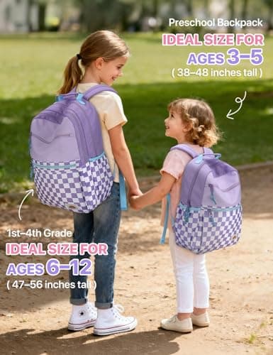 VASCHY School Bag, Lightweight Classic Cute Aesthetic Bookbag Daypack for Teen Girls Traveling/Gym/Middle School Black Lavender Plaid — view 6