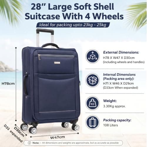 DK Luggage Ultra Lightweight Only 3.3kg Large 28 Inch Soft Shell Suitcase, 4 Wheel Spinner Checked Luggage 23kg–25kg Capacity, Expandable Travel Case (WLS Navy, Large) — view 2