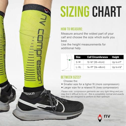NV Compression Essential Race and Recover Calf Guards/Sleeves (PAIR) 20-30mmHg - For Sports Recovery, Shin Splints, Medical, Work, Flight - Running, Cycling, Gym (Fluo Yel/Black Stripes, S-M) — view 3