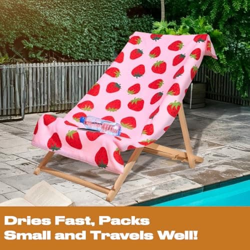 Dreamscene Kids Beach Towel Pink Strawberry, Super Soft Quick Dry Towel for Girls Boys Beach Towel Microfibre Beach Holiday Essentials Travel Towels for Summer, 71cm x 152cm — view 3