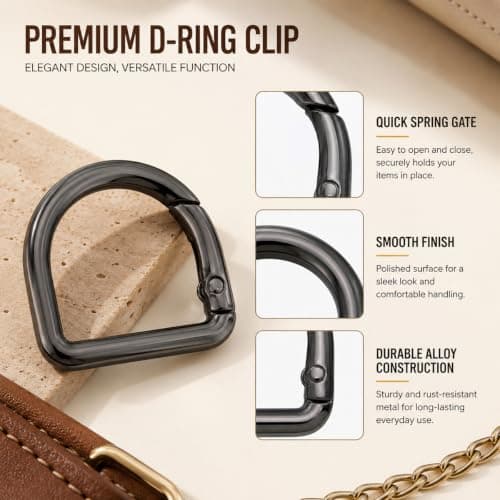 Shentu Heavy-Duty Zinc Alloy Anti-Fade D Ring Carabiner Clips, 2pcs Metal Spring Open Buckles for Purse Strap Replacement, Small D Shaped Bag Clasp Connector Repair Keyring for Handbag Backpack — view 5